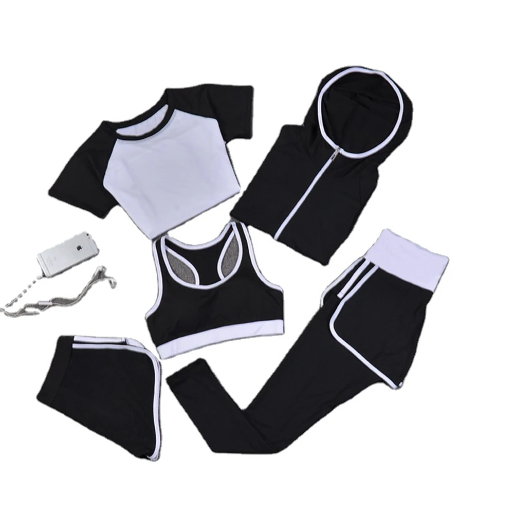 Womens Sportswear Set 5pcs Yoga Fitness Wear Shorts Tights Bra Legging Pants Jacket T Shirts Sport Wear Yoga Suit