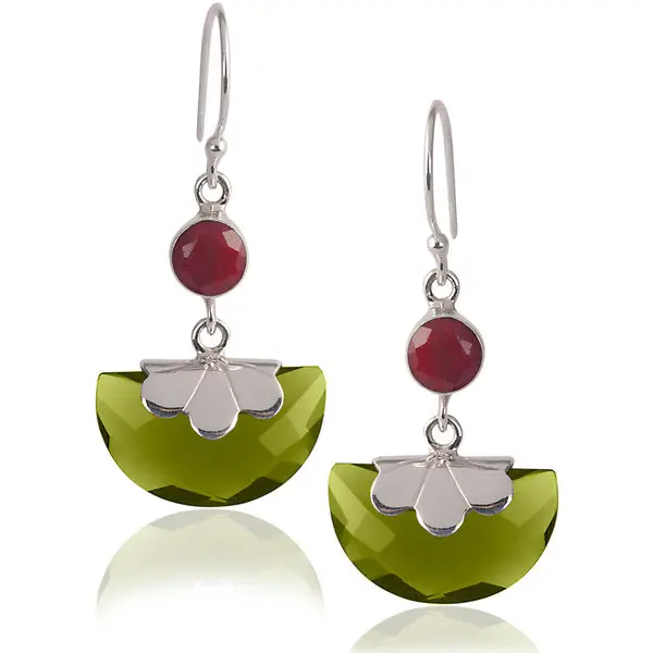 Высококачественные серьги с рубином и Перидотом из драгоценного камня двумя подвесками античного серебра 925 пробы