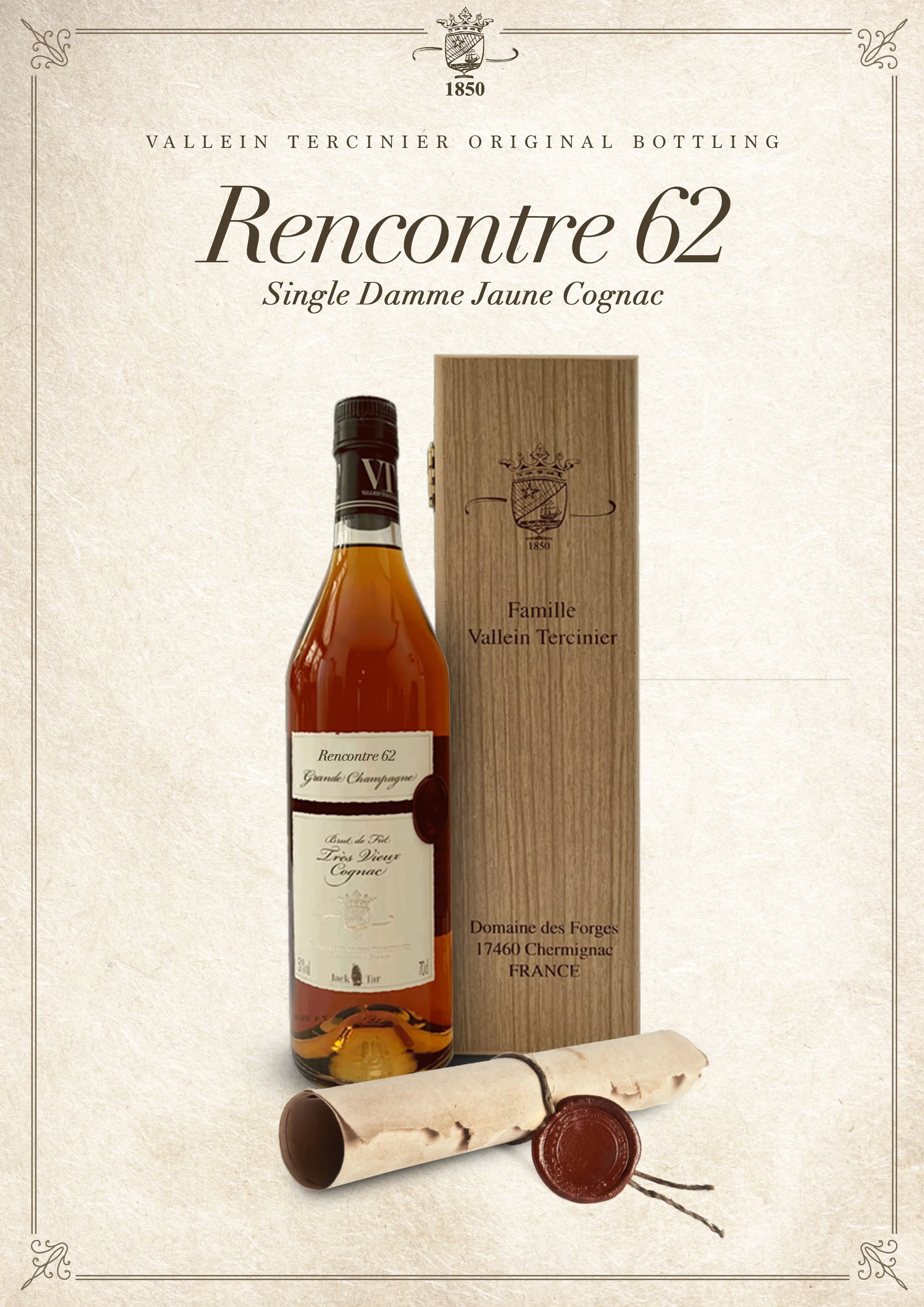 Rencontre 62 Cognac - Single Damme Jaune Cognac - Vallein Terecinier Original Bottling - 42,6% Vol. - 700 ml