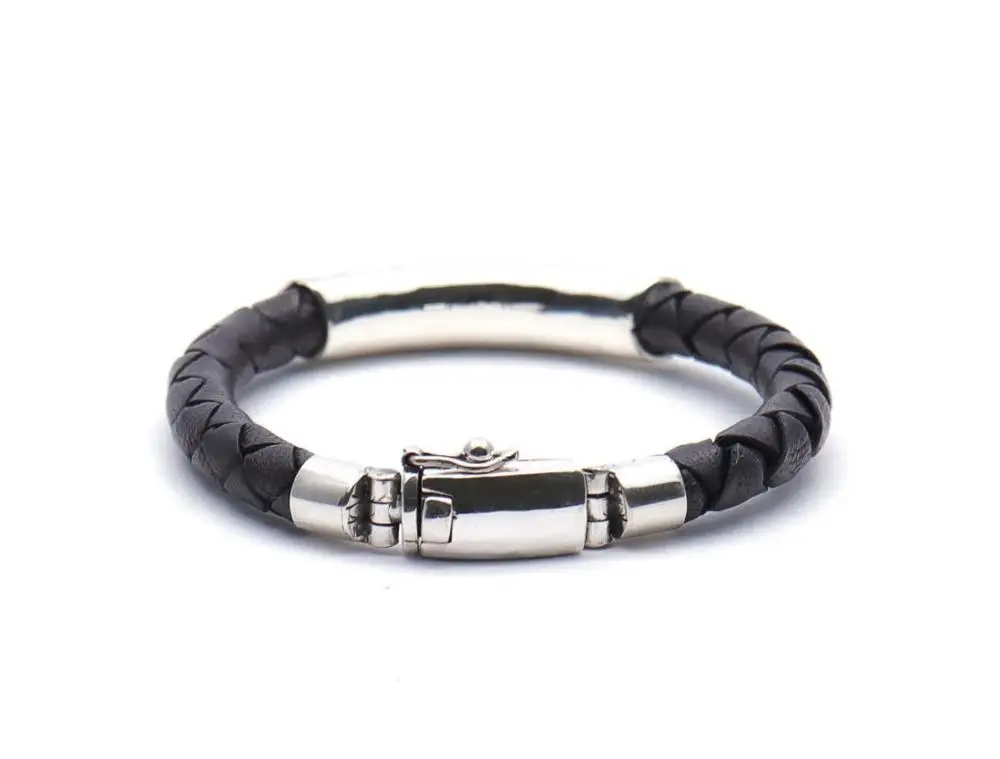 Hand Made Sterling Silver 925 Bracelet Men Genuine Leather Bracelet Made in Bali for Men Fashion Jewelry Bracelet Men Jewellery
