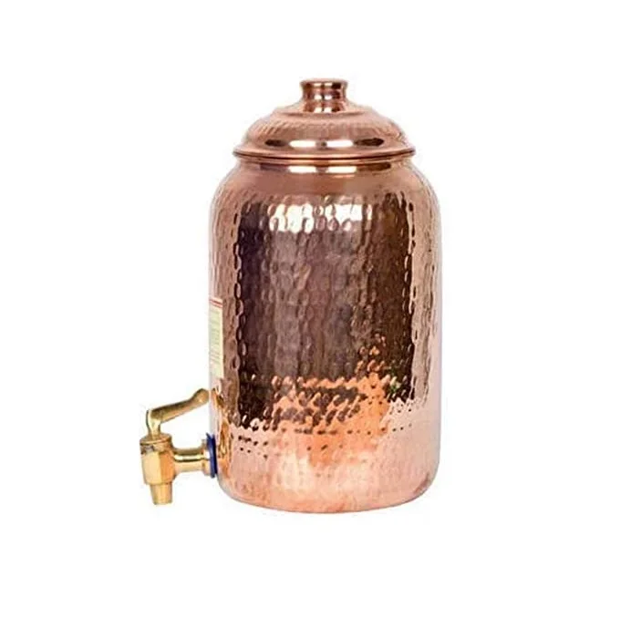 Copper Hammered Water Dispenser Two Glass One Copper Bottle with Black Stand Metal Kitchen Item for Home Hotel Restaurant Use