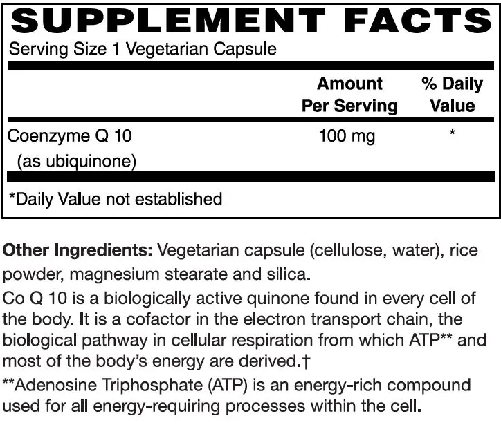 
Dietary Suppleme CoEnzyme Q10, 100mg 90 All trans CoQ10 with no cis isomers, processed through natural fermentation Veg Capsules 
