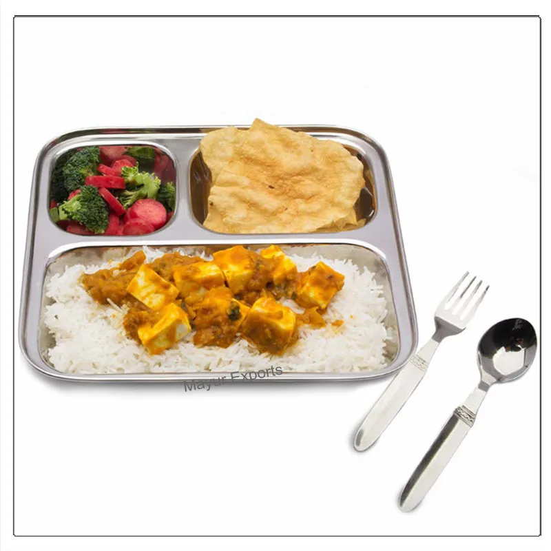 Stainless Steel Compartment plate with 3 sections Dinner Plate - 3 in 1 Square