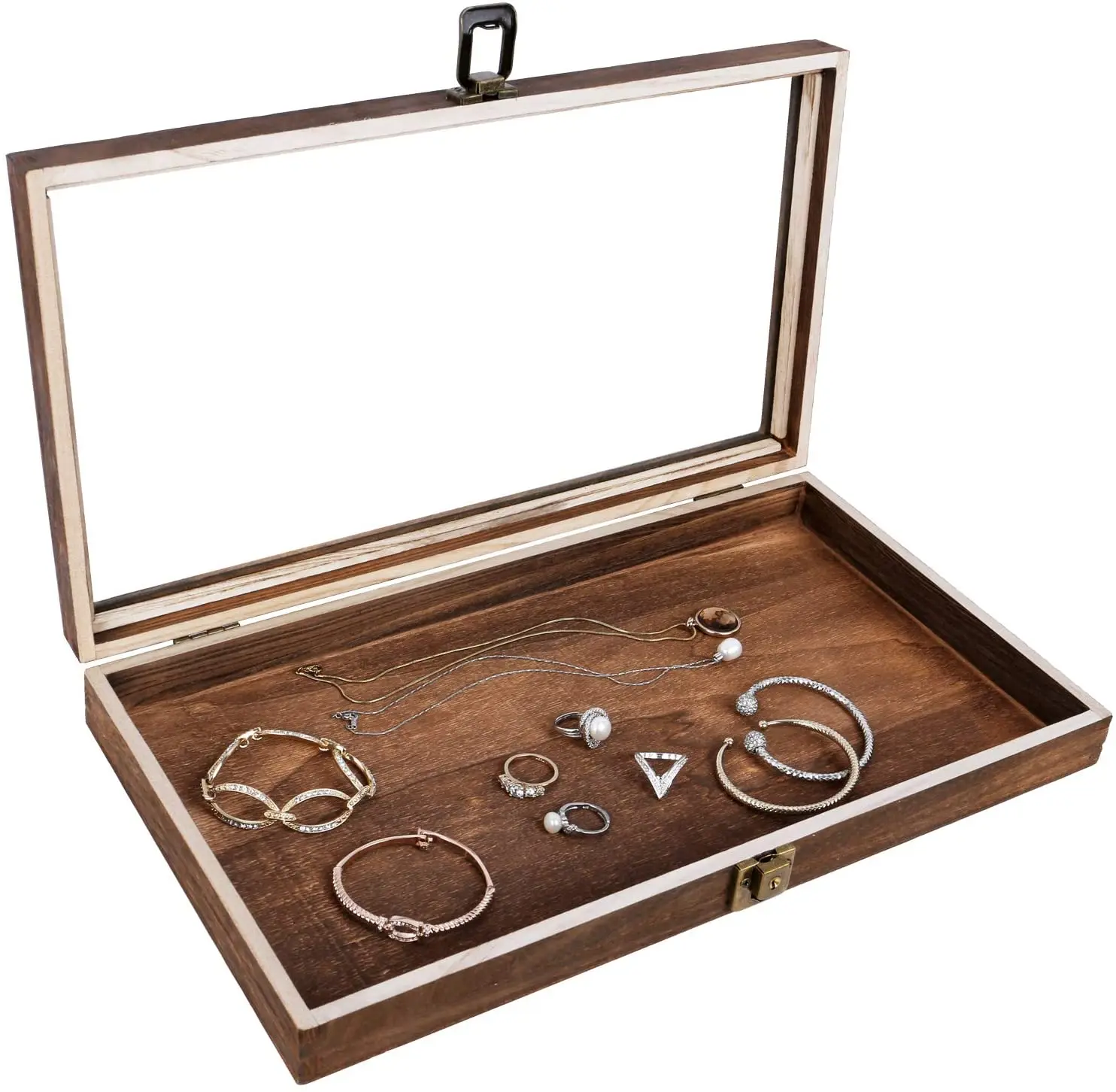 Natural Wood Glass Top Jewelry Display Case Accessories Storage Box