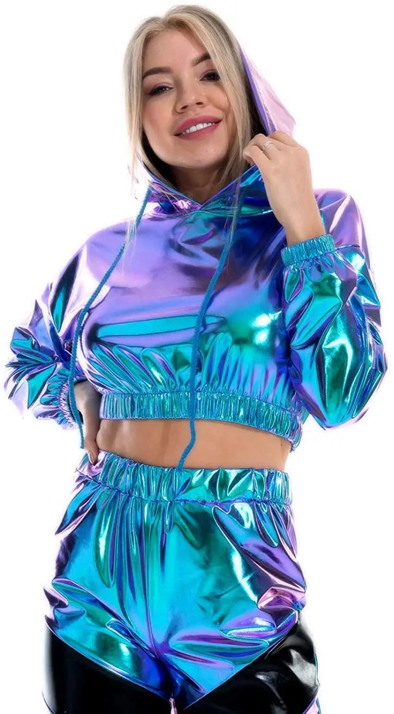 Shiny Metallic Crop Hoodies for Women Long Sleeve Wet Look Stretchy Pullover  Sweatshirts Crop Tops Club Wear