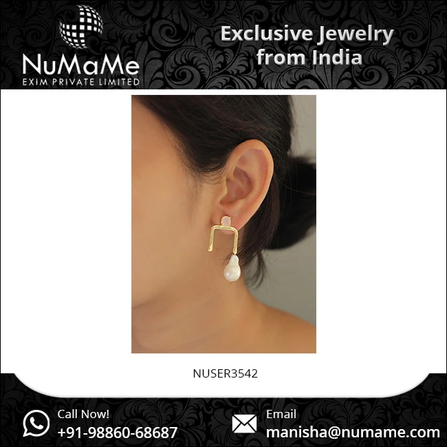 Unique Design 22K Gold Plated Rose Quartz Cultured Baroque White Pearl Brass Geometric Stud Earrings for Women at Lowest Price