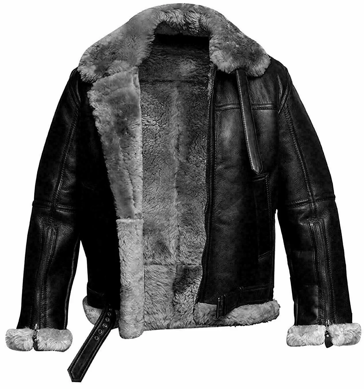 Fur Jacket Bomber Original Leather Men Fur and Shearling Black and White Genuine Leather and Customized Shell for Winter Regular