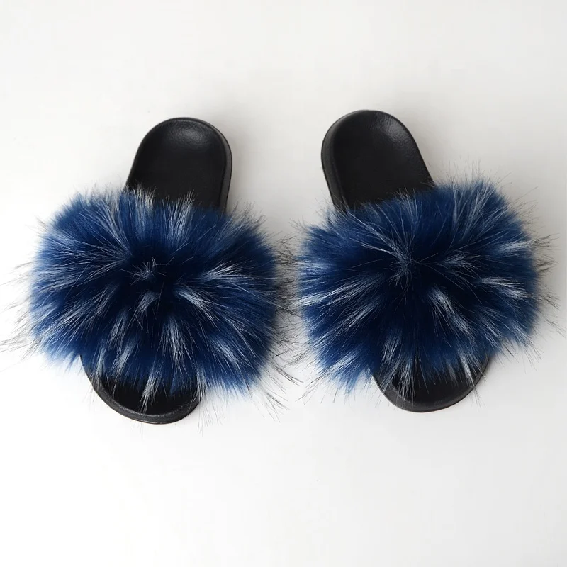 QIUCHEN OEM ODM New Arrival  EVA sole quality faux fur raccoon fox slippers