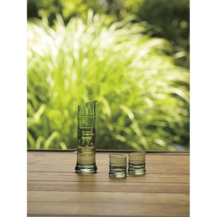 Quality Glassware for Rice Wine Manufactured in Japan 8681-GR Green Bamboo Three-Piece Set of Vessel for Drinking
