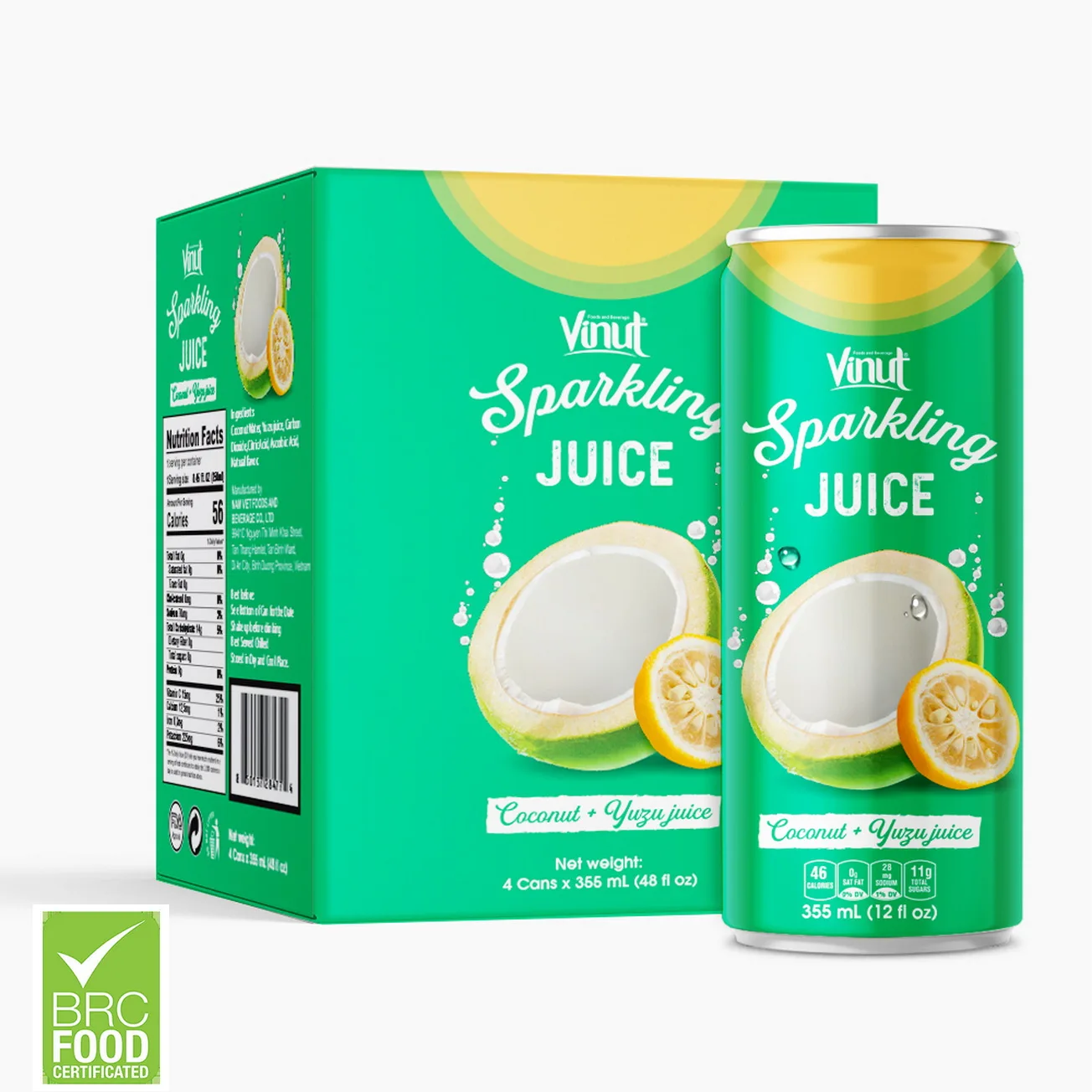 12 fl oz Sparkling water VINUT 4 Cans Coconut & Yuzu Juice Wholesale High Quality 100% Pure Soft Drink Private Label Beverage