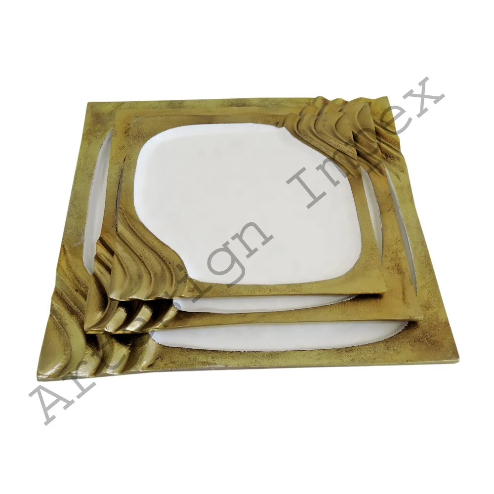 Serving Tray Set of 3 Rectangular Shape Aluminium Tray For Serving White and Gold Color wholesale serving tray