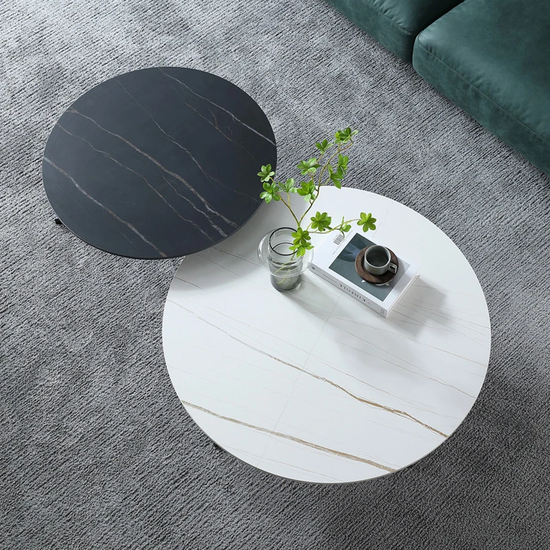 Circular Stylish Black Metal Trunk Stand Sintered Stone Metal Base 103-C9113 Marble Top Coffee Table
