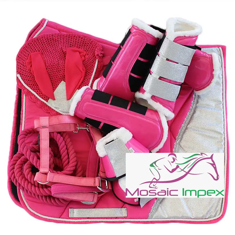Glitter Pink & Silver Matching Saddle pad set with Halter Lead Horse boots Bell Boots & Ear Bonnet-Pink Glitter Matching Saddle