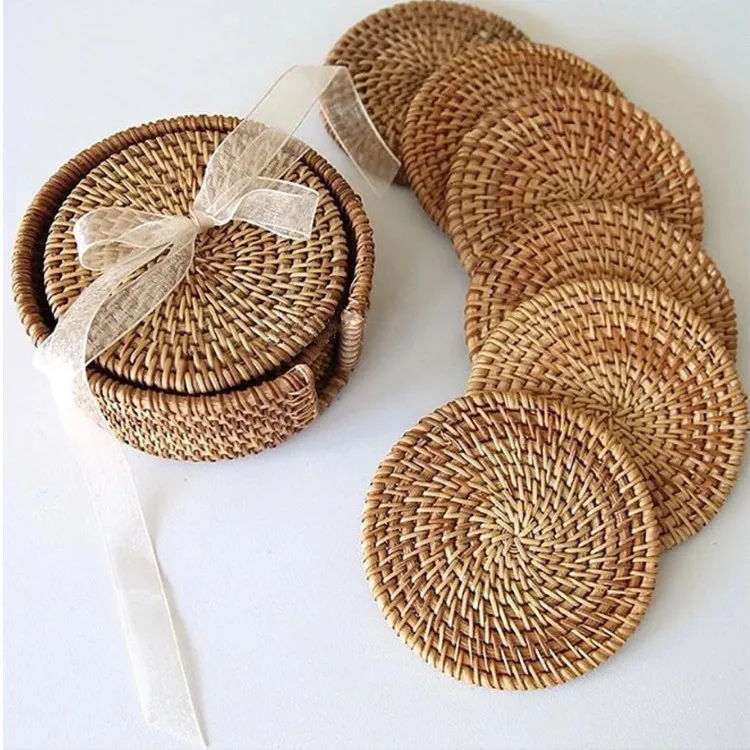 2022 Collection Handmade Rattan Coaster Set Seagrass Coaster Set Made In Vietnam