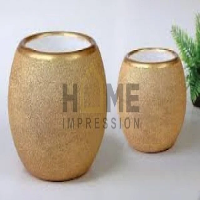 Gold Powder Coated Metal Iron Vase Set Of 2 Brown Color Neck Home Decorative Flower And Planters Garden Ware Accessories