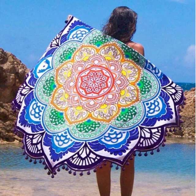 100% Cotton Multicolored Beach Round Mandala Tapestry Wall Hanging Ethnic Beach Blanket Colorful Pom-Pom Eco-friendly Azo Free