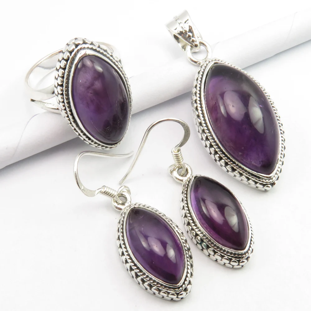 
Vintage Style SET ! 925 Silver Genuine AMETHYST Pendant Earrings Ring Sz 7.25, Wedding Jewelry 