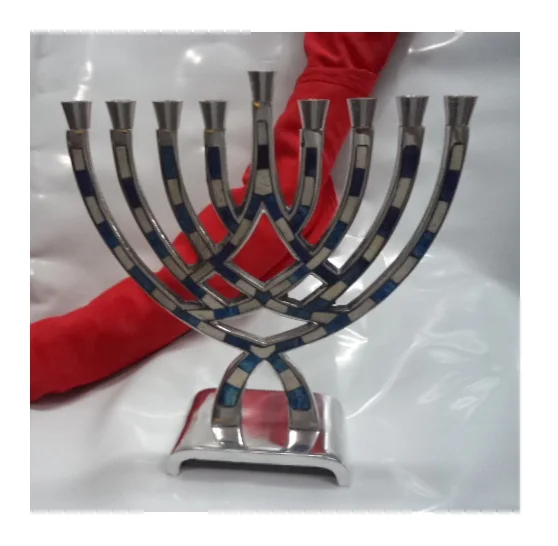 Modern Design Aluminium Candelabra menorah with bone inlay in blue candle stick for hanukkah 7 arms at wholesale price in nickel