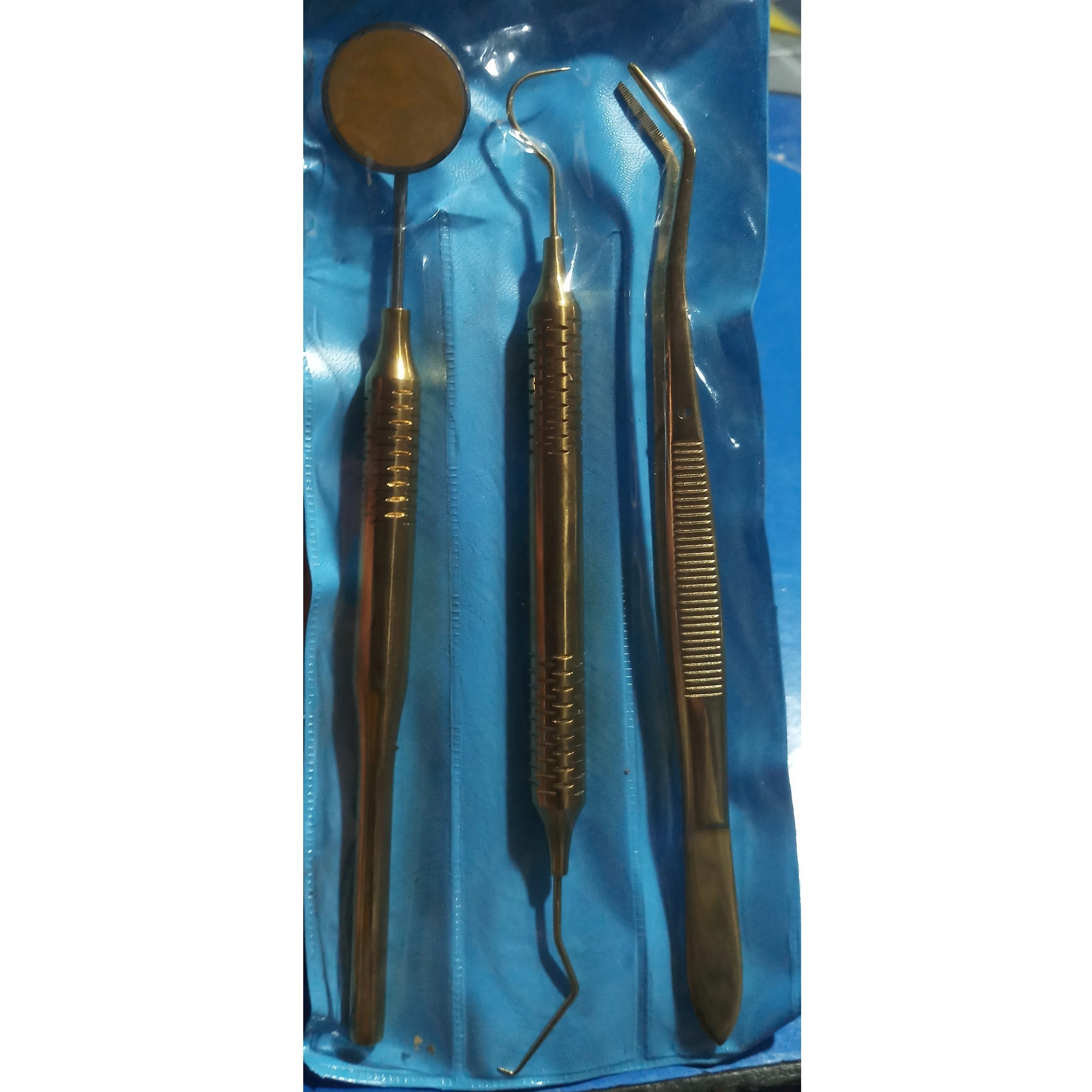 dental examination kit 3 pcs golden plasma coated hygiene tweezer hollow handle mirror hollow handle explorer