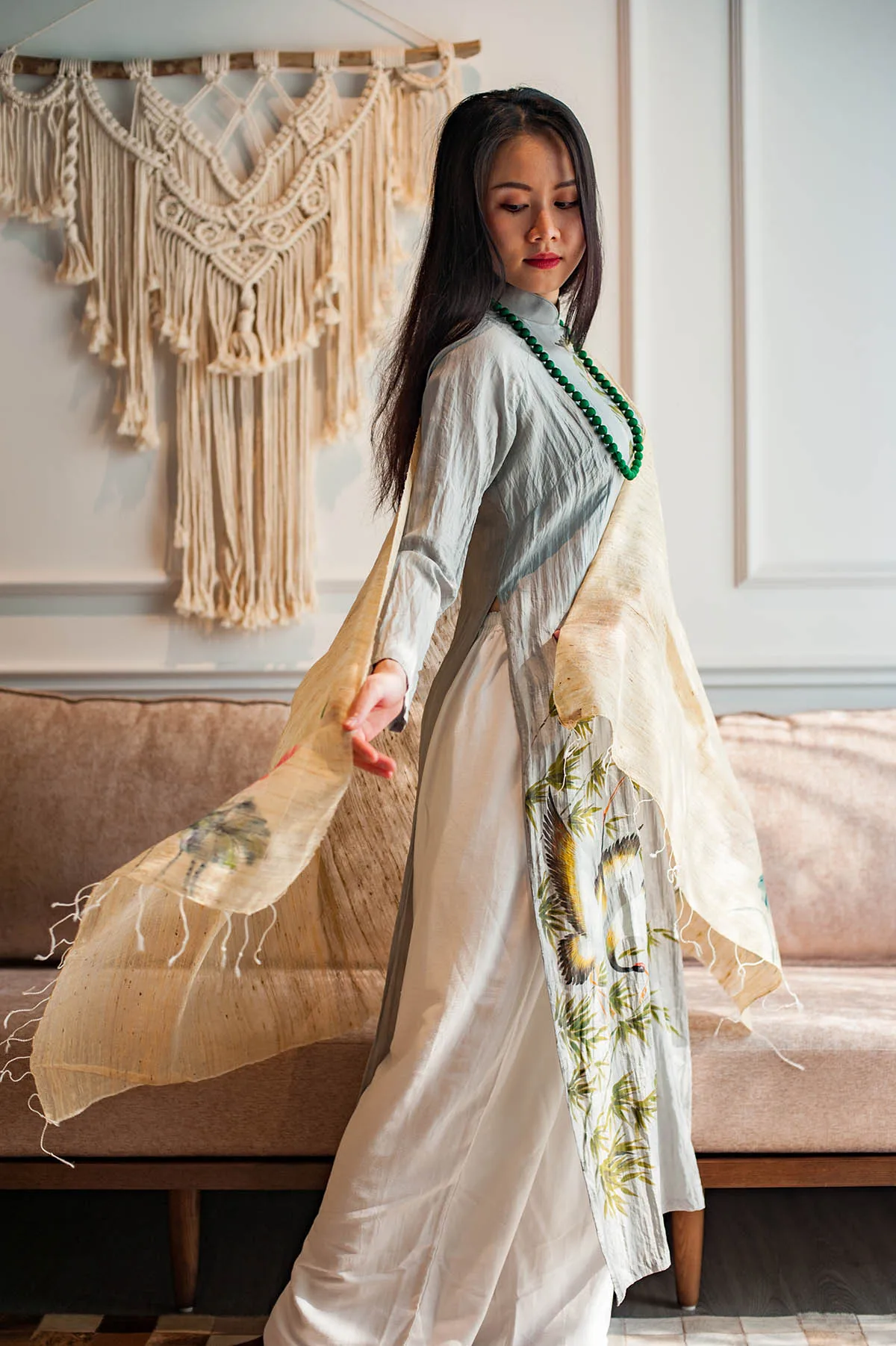 Floral scarves 2020 double faced design by Vietnamese Artist with 100% Natural Silk 80x180cm