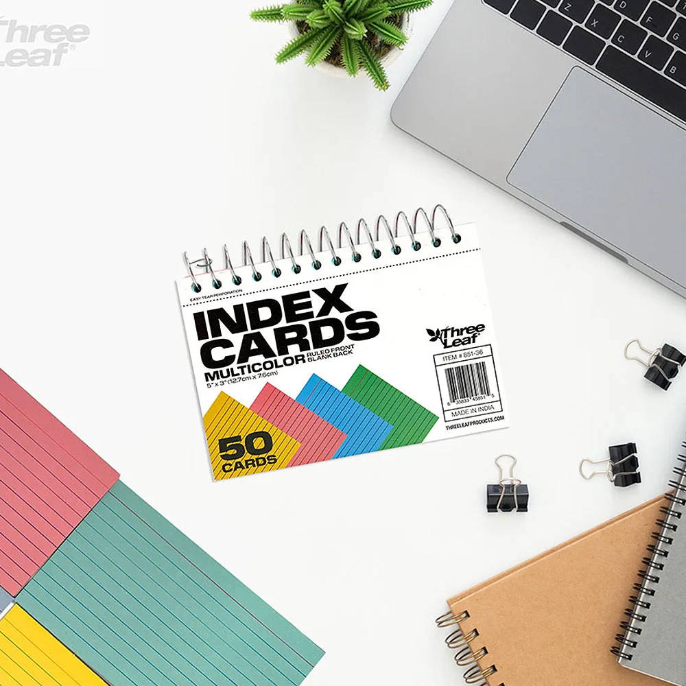 Three Leaf 3 X 5 50 CT 3 X 5 SPIRAL BOUND RULED COLOR  INDEX CARD Premium Quality