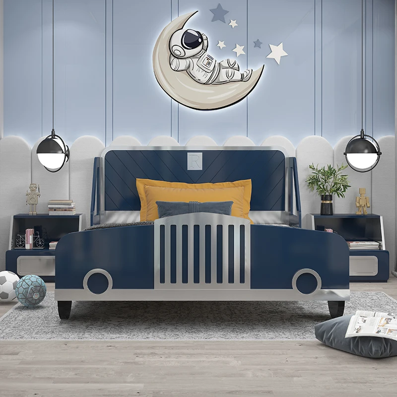 New Design Orange Color Race Car Bed Children Furniture Sets Bedroom Modern Solid Wood Single Bed Kids Wooden Furniture Sets