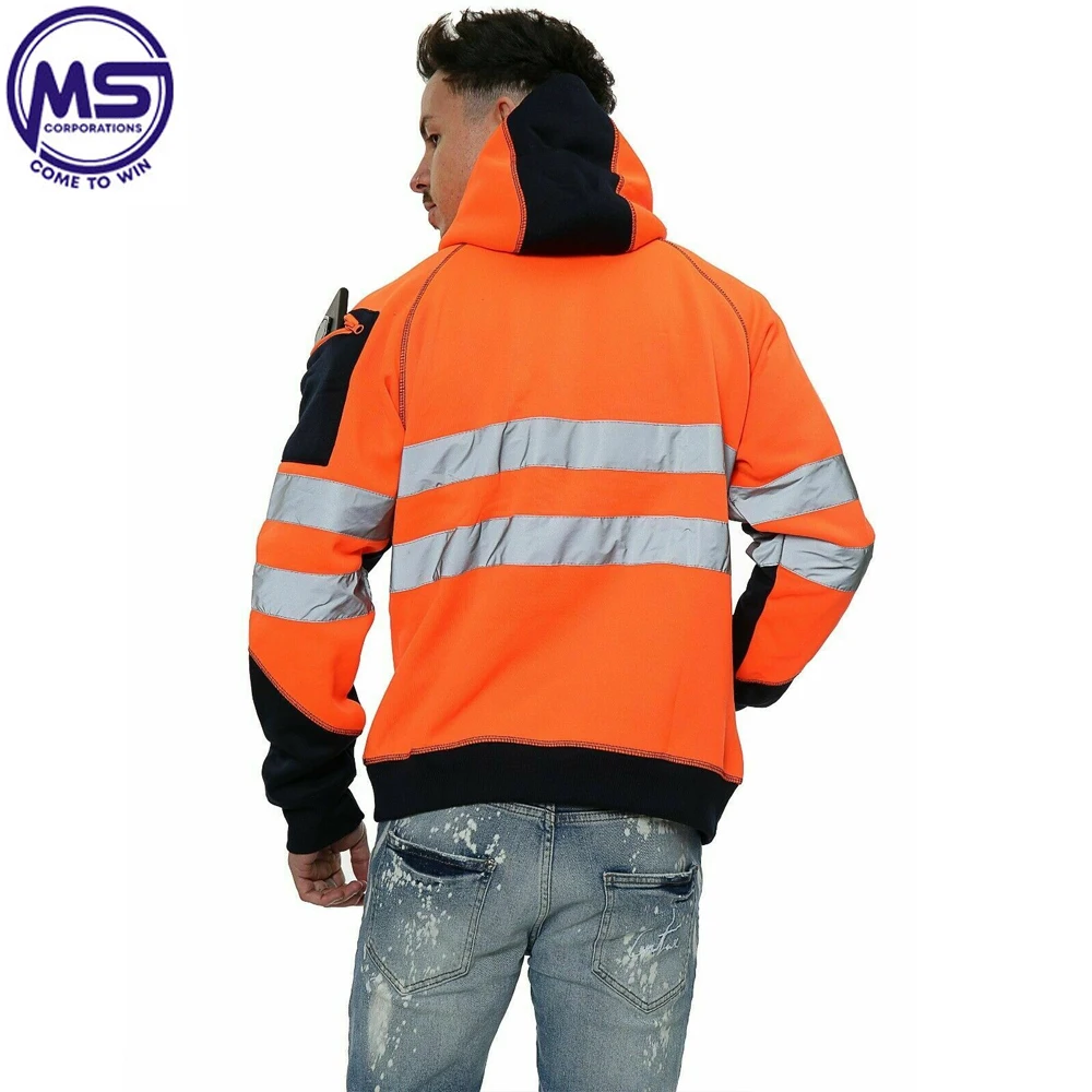 Factory in Stock Custom High Visibility Road Work wear 100% Polyester Reflective Safety Hoodies For Men