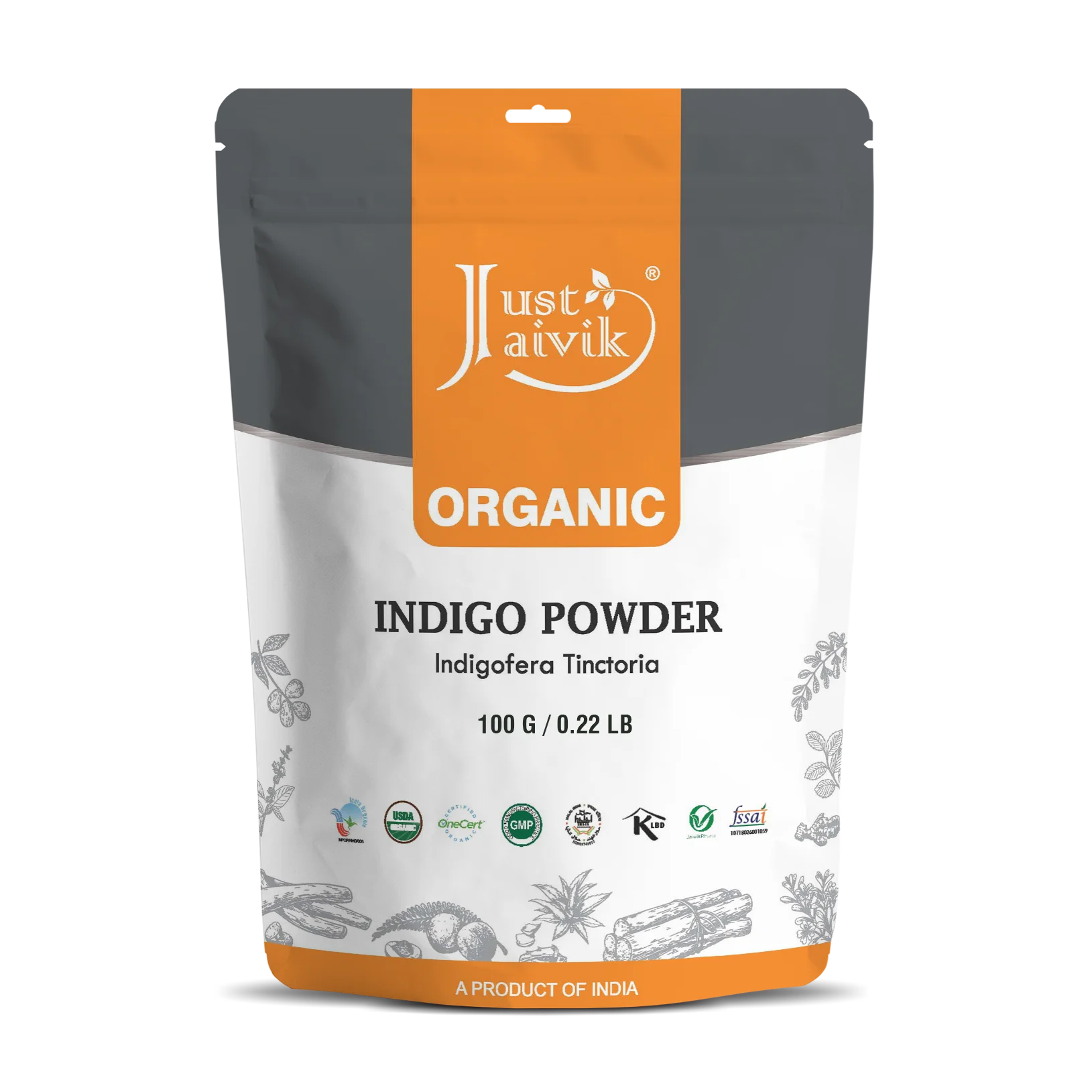 Just Jaivik Organic Indigo Powder (Indigofera tinctoria) - 100g Pack