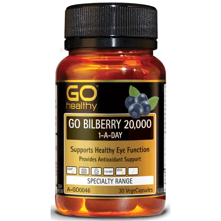 
GO Healthy BILBERRY 20000mg 1-A-DAY 30 VegeCapsules - Supports Healthy Eye -Made in New Zealand 