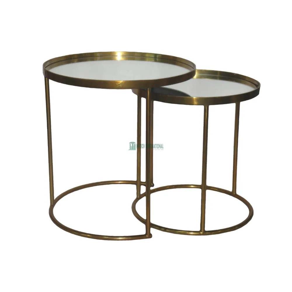 Gold Designer Round Nesting Table - Wholesale Antique Stainless Steel Coffee Table - Glass Top Factory Made Bulk Side Tables