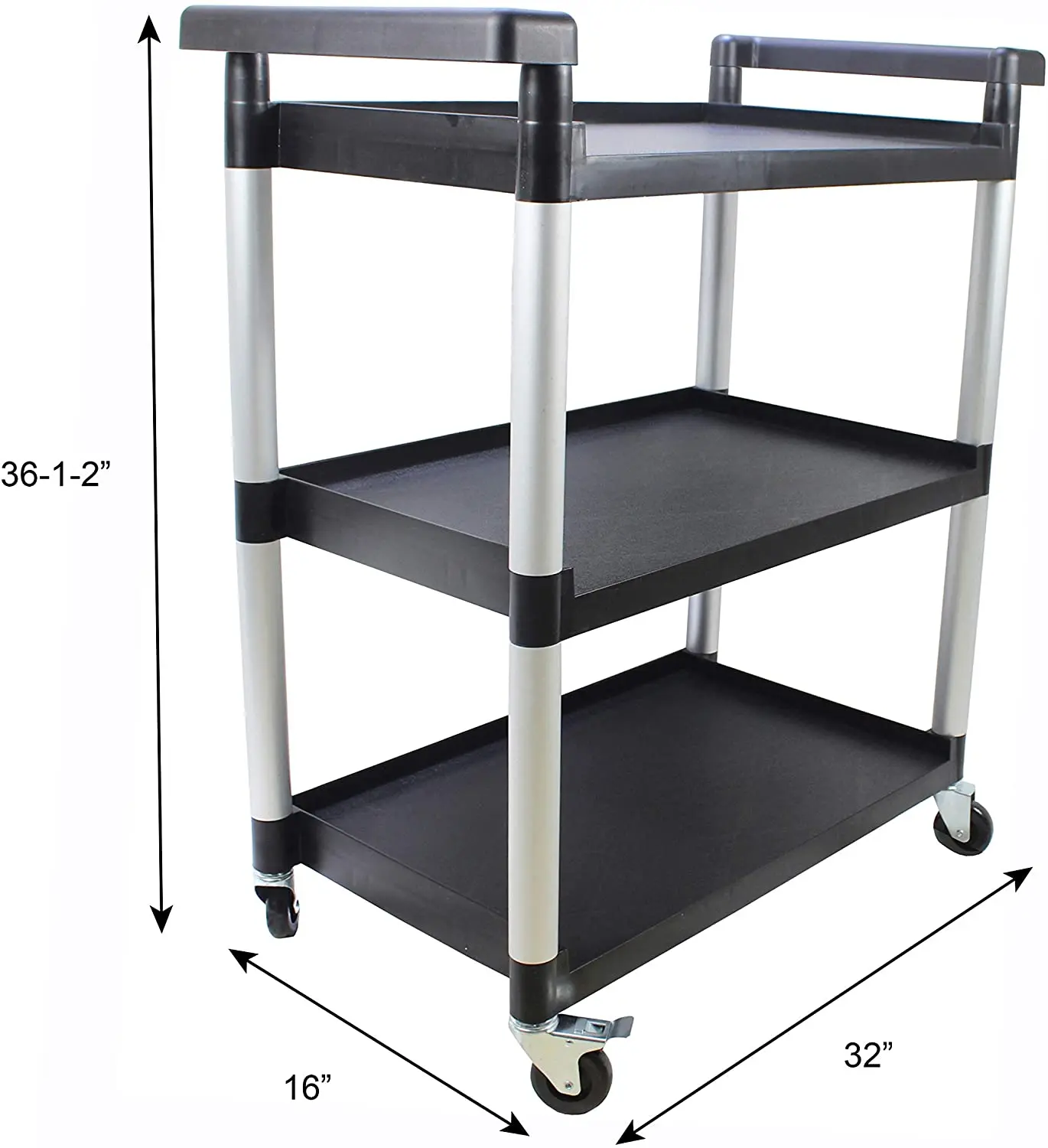 3-Shelf Black Utility Plastic Cart with Wheels Kitchen Island Trolley Serving Cart Foodservice Restaurant Cleaning