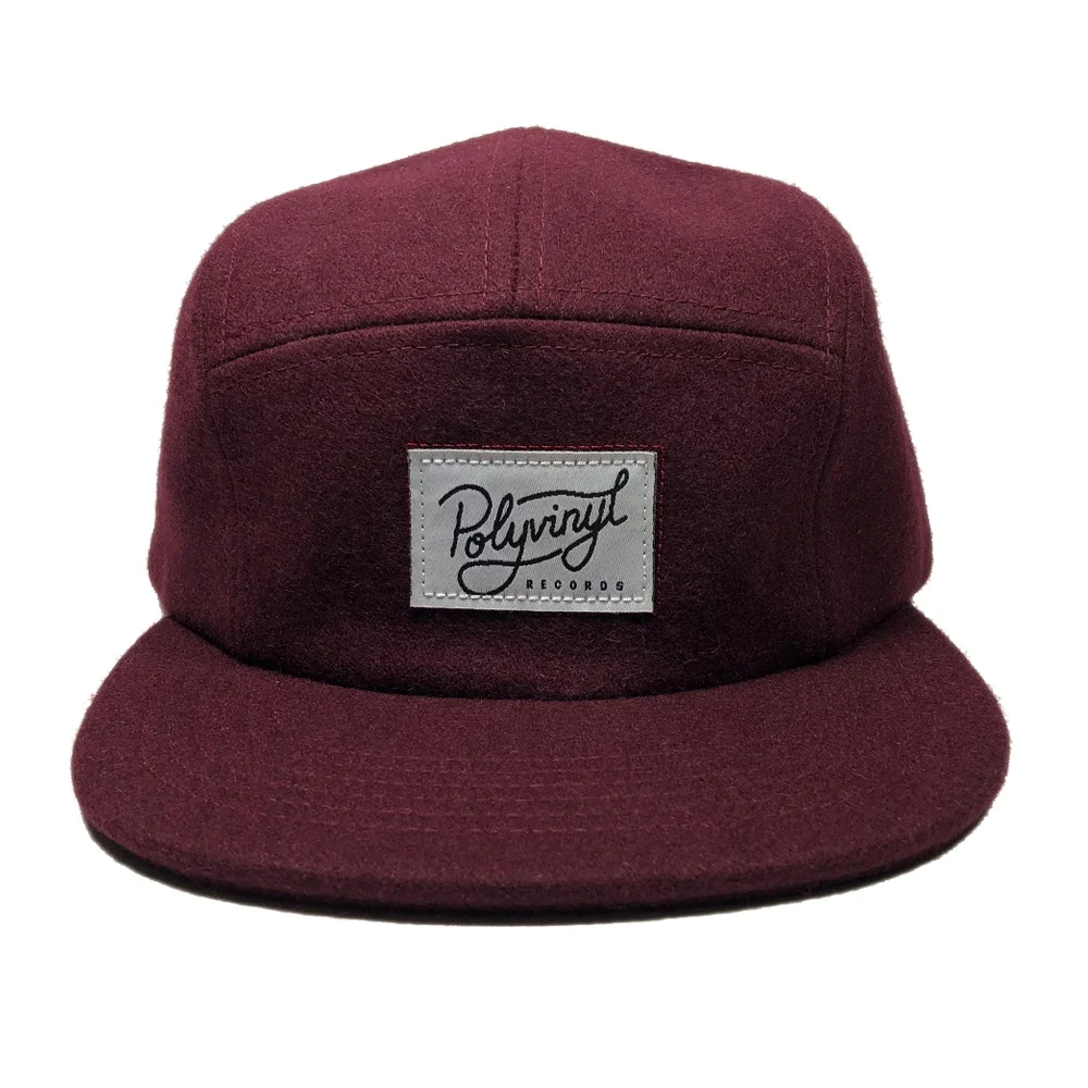 OEM claret men private woven label custom logo woolen winter 5 panel cap hats