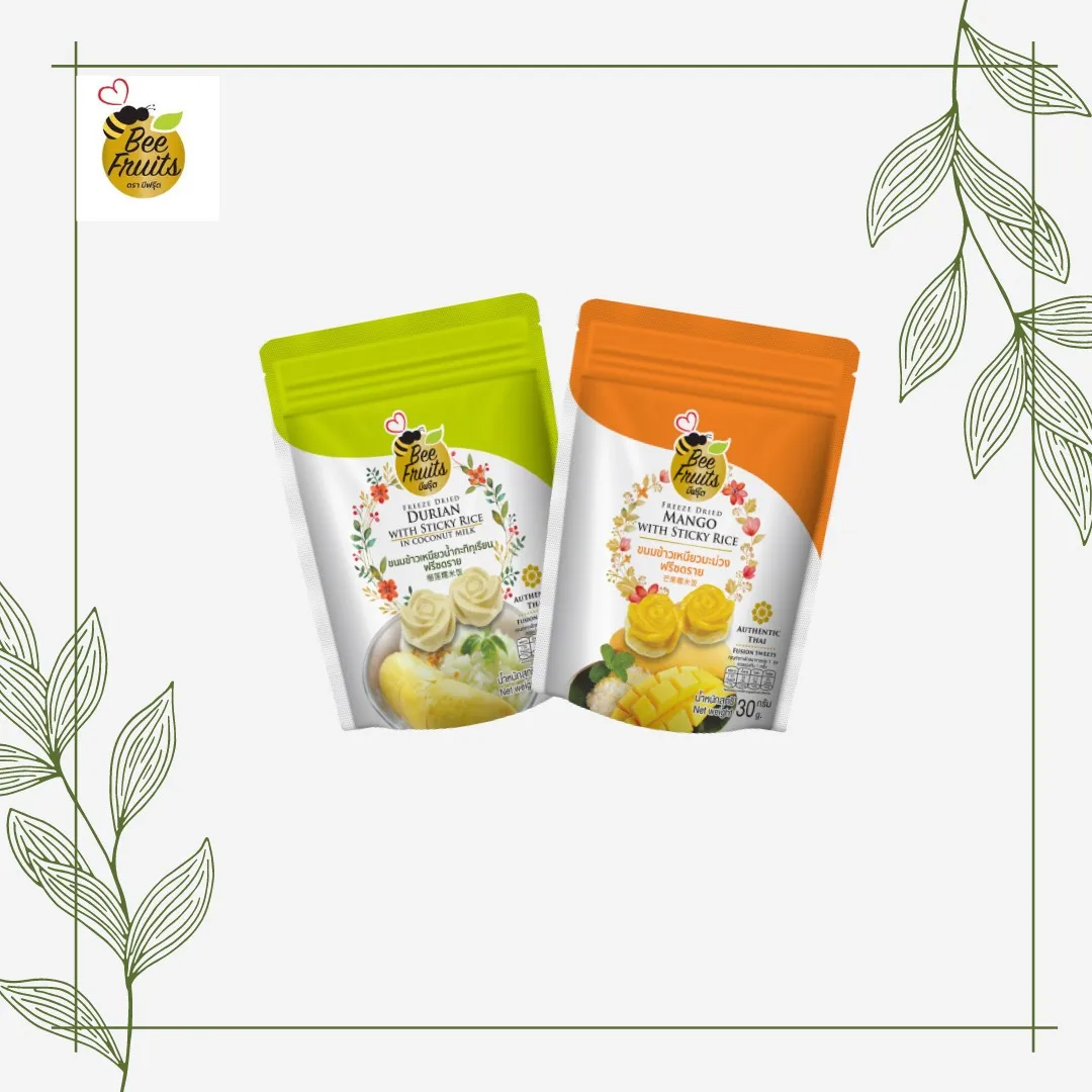 Great Quality Fruit Freeze dried Durian with sticky rice in coconut milk & Freeze dried Mango with sticky rice (30g.)