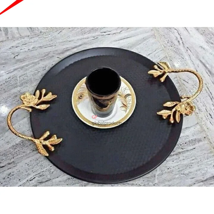 high quality round glass tray with golden round handles serving tray for hotel restaurant decor food server tray