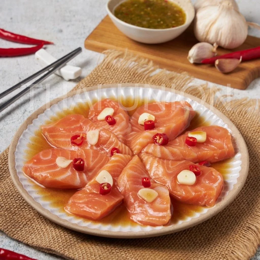 Frozen Soy Sauce Marinated Salmon Sashimi Korean style Salmon Fish Slice with Soy Sauce Ready to eat Product