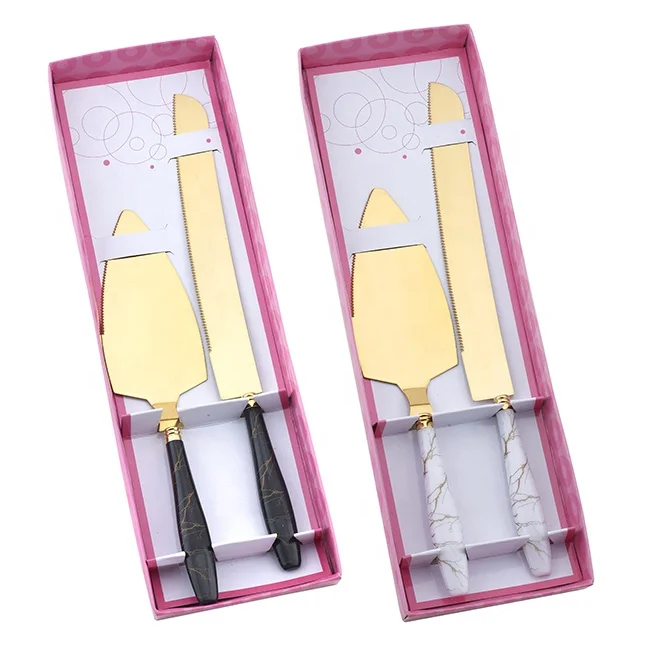 Cake knife with server shovel stainless steel blade easy to clean Marble print handle