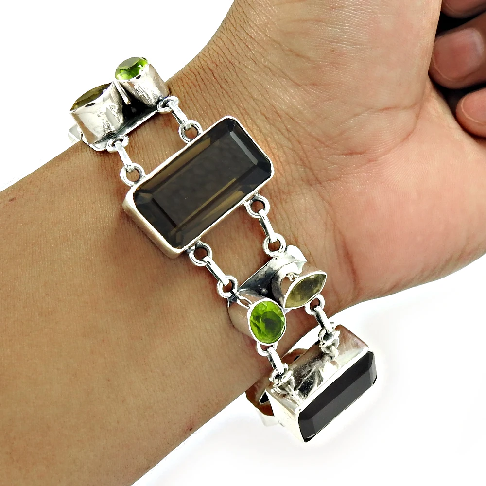 925 Sterling Silver Multi Gemstone Citrine Smoky Quartz & Black Onyx Bracelet Handmade Silver Cuff Wide Bracelets Supplier