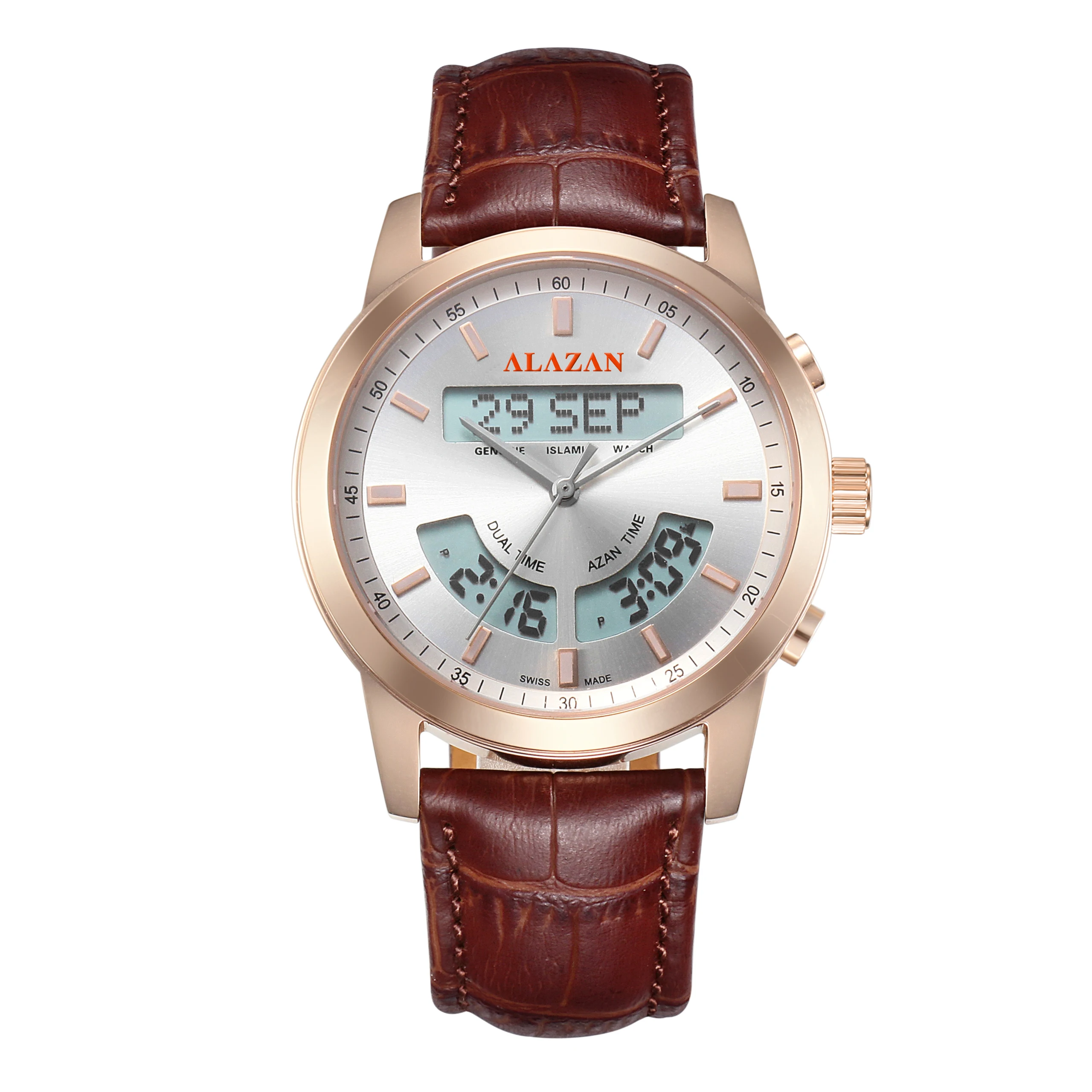 alazan Islamic alasr muslim azan alfajr summon Stainless steel prayer  qibla compass waterproof  clock watch factory wholesaler