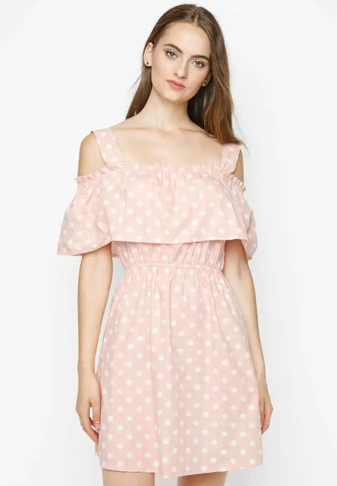 OEM/ODM manufacturer The fashionable women U-neck short sleeve slip off shoulder design dot print dress made in Vietnam