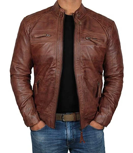 Genuine leather slim fit short zip jackets for men and women