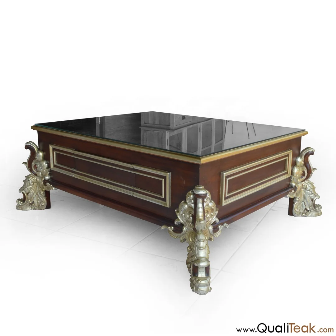 Antique Heavy Carving Coffee Table Solid Mahogany Wood Gold Finish