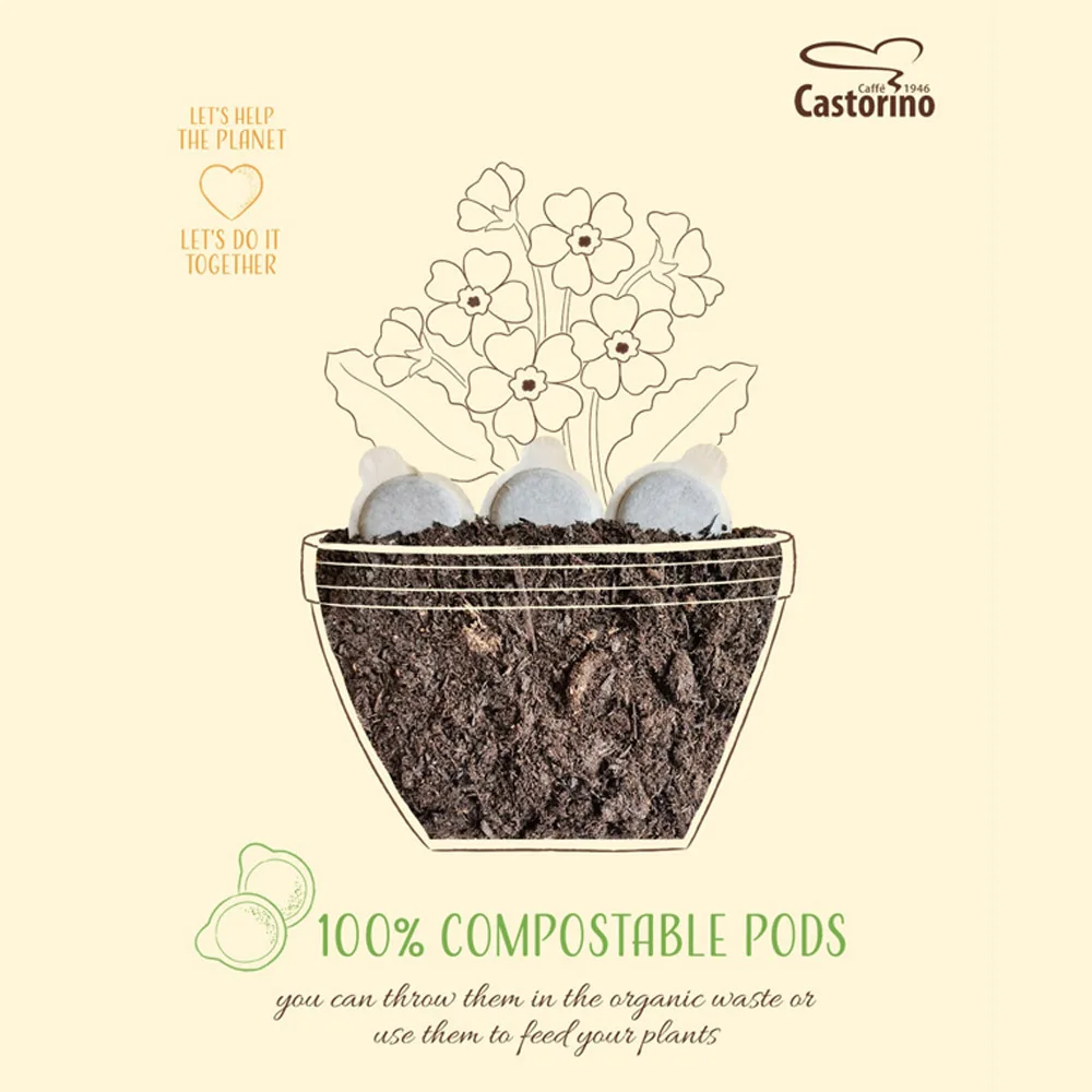 Premium Quality Castorino Italian Coffee 100% Compostable Pods GOLD ARABICA Blend 50 pz for home / HO.RE.CA