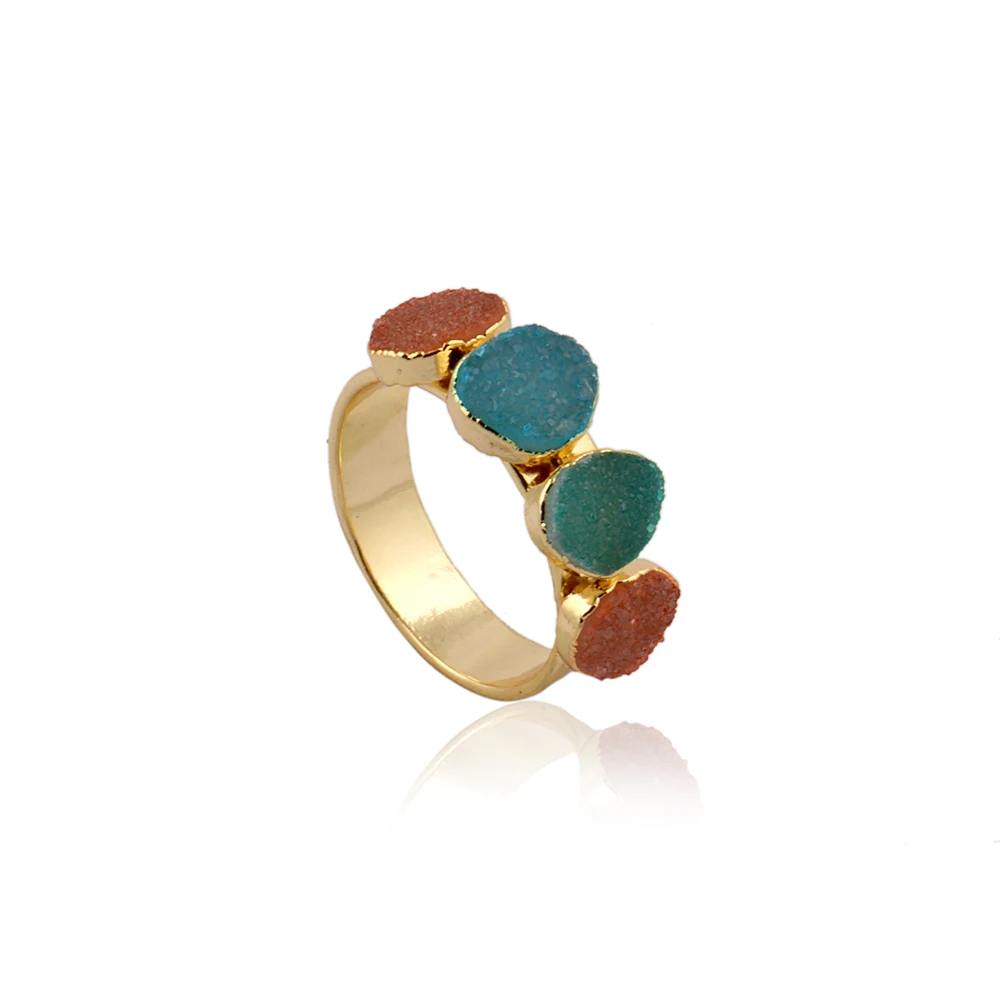 18k Gold Plated Peach, Brown And White Druzy Gemstones Adjustable Ring Three Stones Women Engagement Jewelry.  Mode Joyas R-002