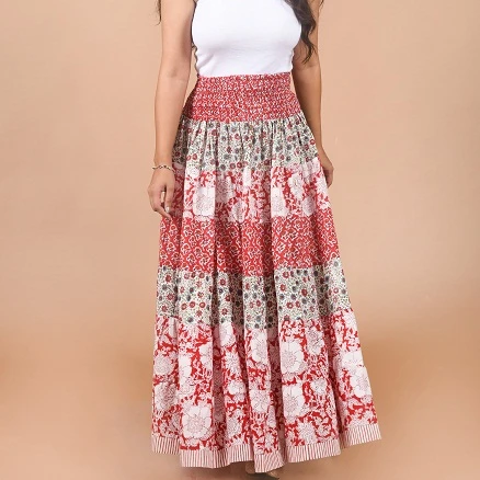 Beautiful Hand Block Printed Cotton One Tire Skirt With Smoking Waist Casual Sewing Pattern Summer Wear Long Women Clothing