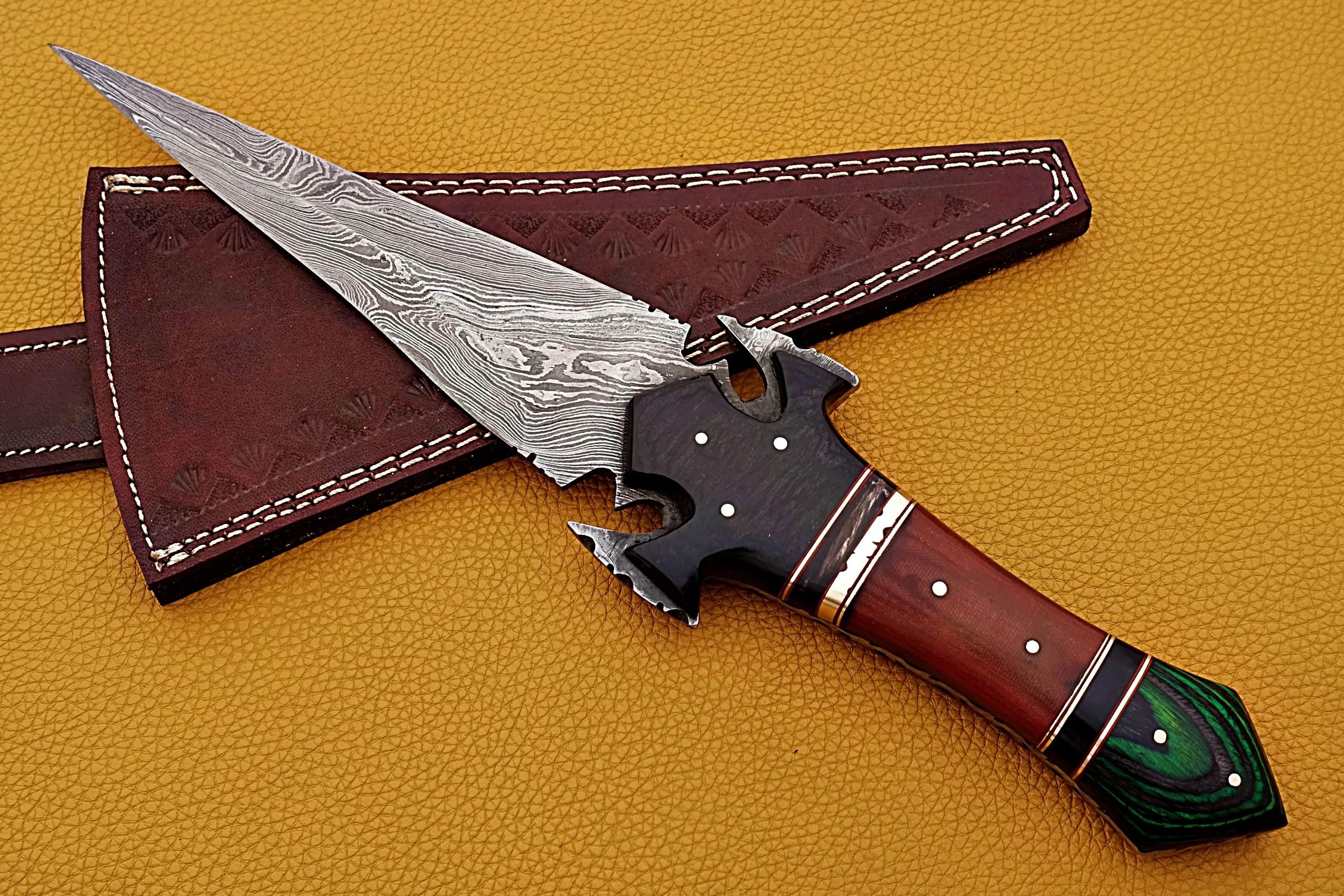 Handmade Damascus Steel Hunting Knife With Pakka Wood Handle And Fine Leather Sheath Outdoor Knife Wholesale Knife