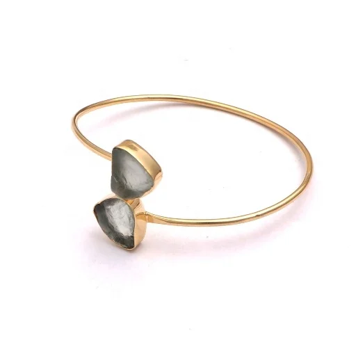 Latest gold plated fashion natural aquamarine gemstone bracelets gold plated handmade women adjustable bangle for gifts