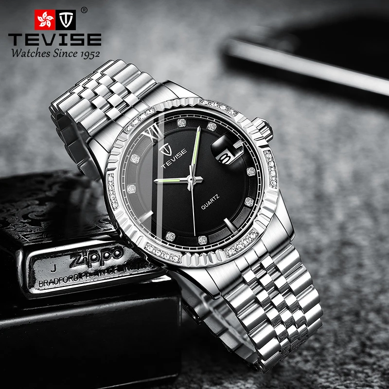 Роскошный мужской светящийся указатель TEVISE 629S с одним календарем ремешок из нержавеющей стали кварцевые часы