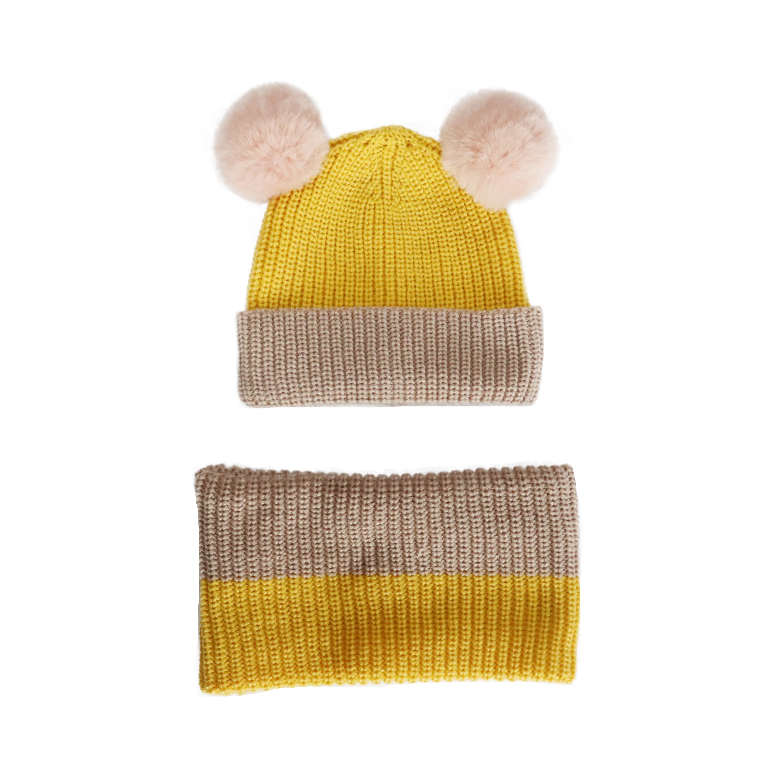 
Manufactured Directly Sold Knitted Kids Children Warm pompom Beanie Hat and Snood Suits 