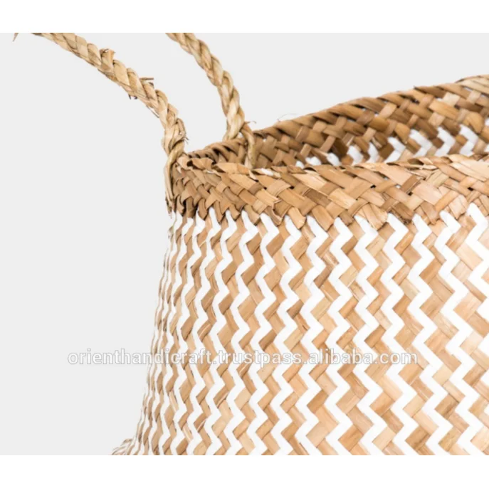 TASMANIA High Quality Seagrass Storage Belly Basket Vietnam Handmade (Natural & White Zigzag)