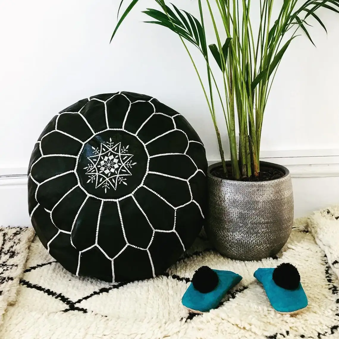 STUFFED- Black Moroccan Pouf Leather Pouf Ottoman pouffe Moroccan home decor boho